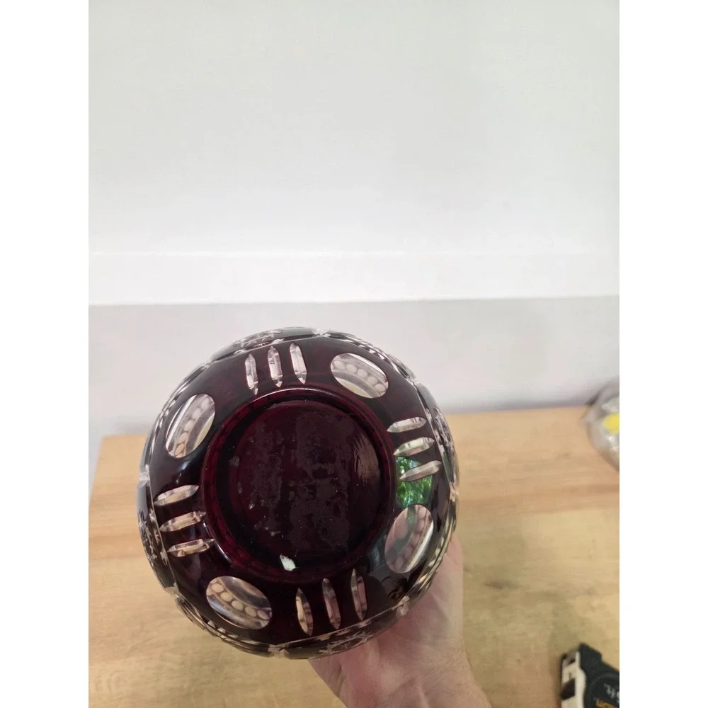Vintage Bohemian Czech Crystal Cranberry Cut To Clear Bowl 5''
